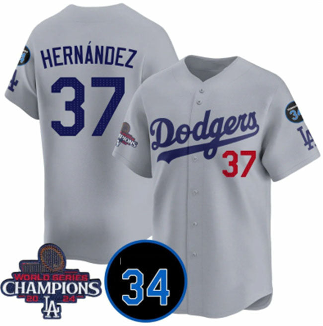 Los Angeles Dodgers #37 Teoscar Hernandez Gray 2024 World Series Champions With Fernando Memorial Patch Vapor Premier Limited Stitched Baseball Jersey