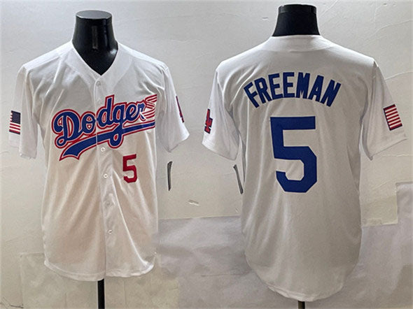 Los Angeles Dodgers #5 Freddie Freeman White With American Flag Patch Limited Stitched Baseball Jersey