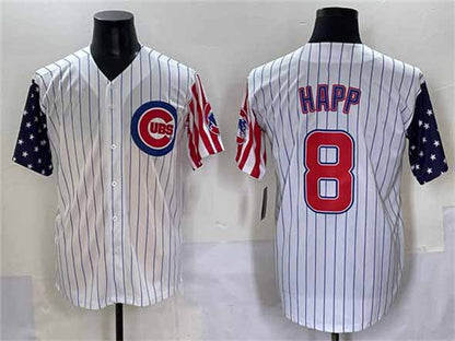 Chicago Cubs #8 Ian Happ White Pinstripe 2025 Independence Day Vapor Premier Limited Stitched Baseball Jersey