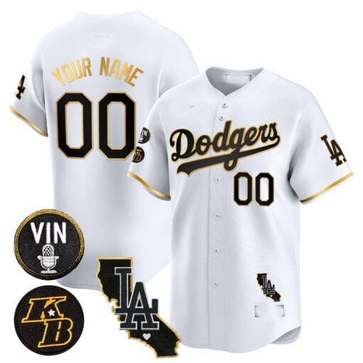 Custom Los Angeles Dodgers Vin Patch & Kobe Bryant Gold Trim Vapor Premier Limited V2 ¨C All Stitched Baseball Jersey