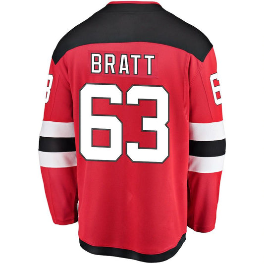 NJ.Devils #63 Jesper Bratt Fanatics Branded Home Breakaway Player Jersey Red Stitched American Hockey Jerseys