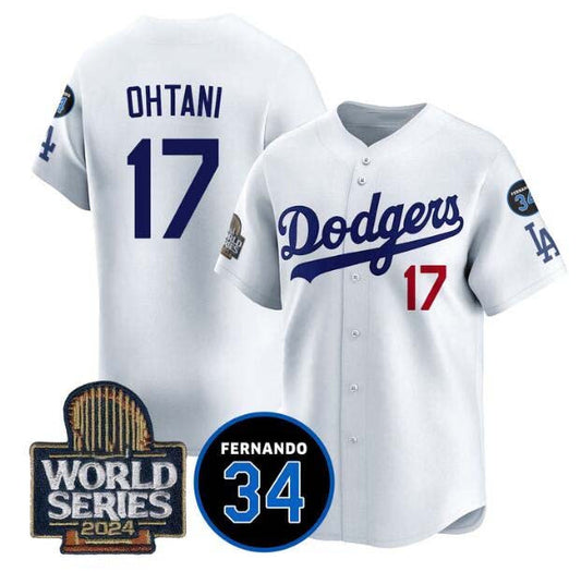 Los Angeles Dodgers #17 Shohei Ohtani White 2024 World Series With Fernando Memorial Patch Limited Stitched Baseball Jersey