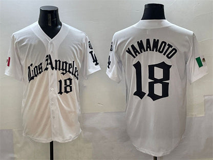 Los Angeles Dodgers #18 Yoshinobu Yamamoto White Mexico 2025 LA Gothic Style With Fernando Patch Vapor Premier Limited Stitched Baseball Jersey
