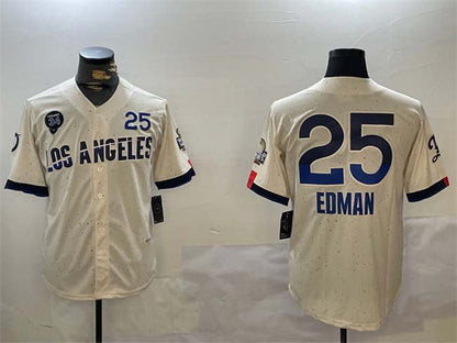 Los Angeles Dodgers #25 Tommy Edman Cream 2024 World Series With Fernando Memorial Patch City Connect Limited Stitched Baseball Jersey