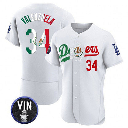 Los Angeles Dodgers #34 Fernando Valenzuela White Mexico Special Vin Scully Patch Flex Base Stitched Baseball Jersey
