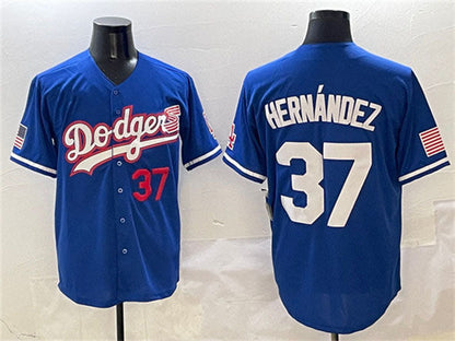 Los Angeles Dodgers #37 Teoscar Hern¨¢ndez Royal With American Flag Patch Limited Stitched Baseball Jersey
