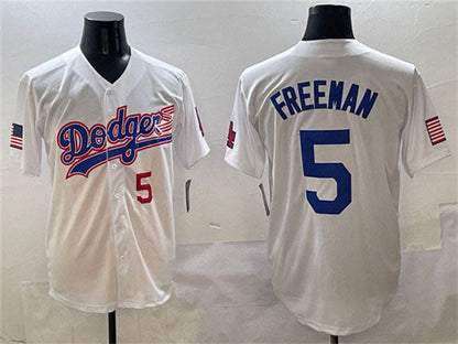 Los Angeles Dodgers #5 Freddie Freeman White With American Flag Patch Limited Stitched Baseball Jersey