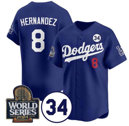Los Angeles Dodgers #8 Enrique Hern¨¢ndez Royal 2024 World Series With No. 34 Patch Limited Stitched Baseball Jersey