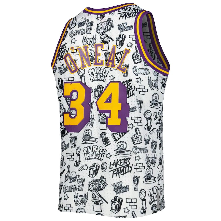 LA.Lakers #34 Shaquille O'Neal Mitchell & Ness 1996-97 Hardwood Classics Doodle Swingman Jersey White Stitched American Basketball Jersey